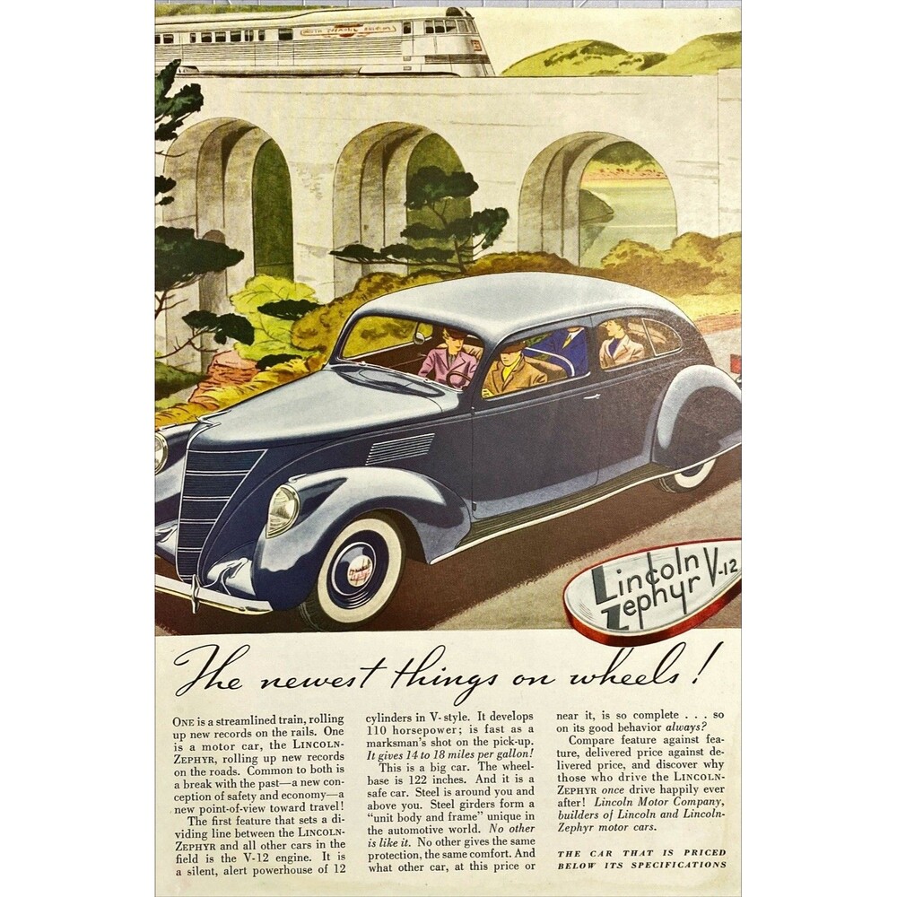 Lincoln Zephyr V-12 "The Newest things on wheels" Vintage Print Ad 1937